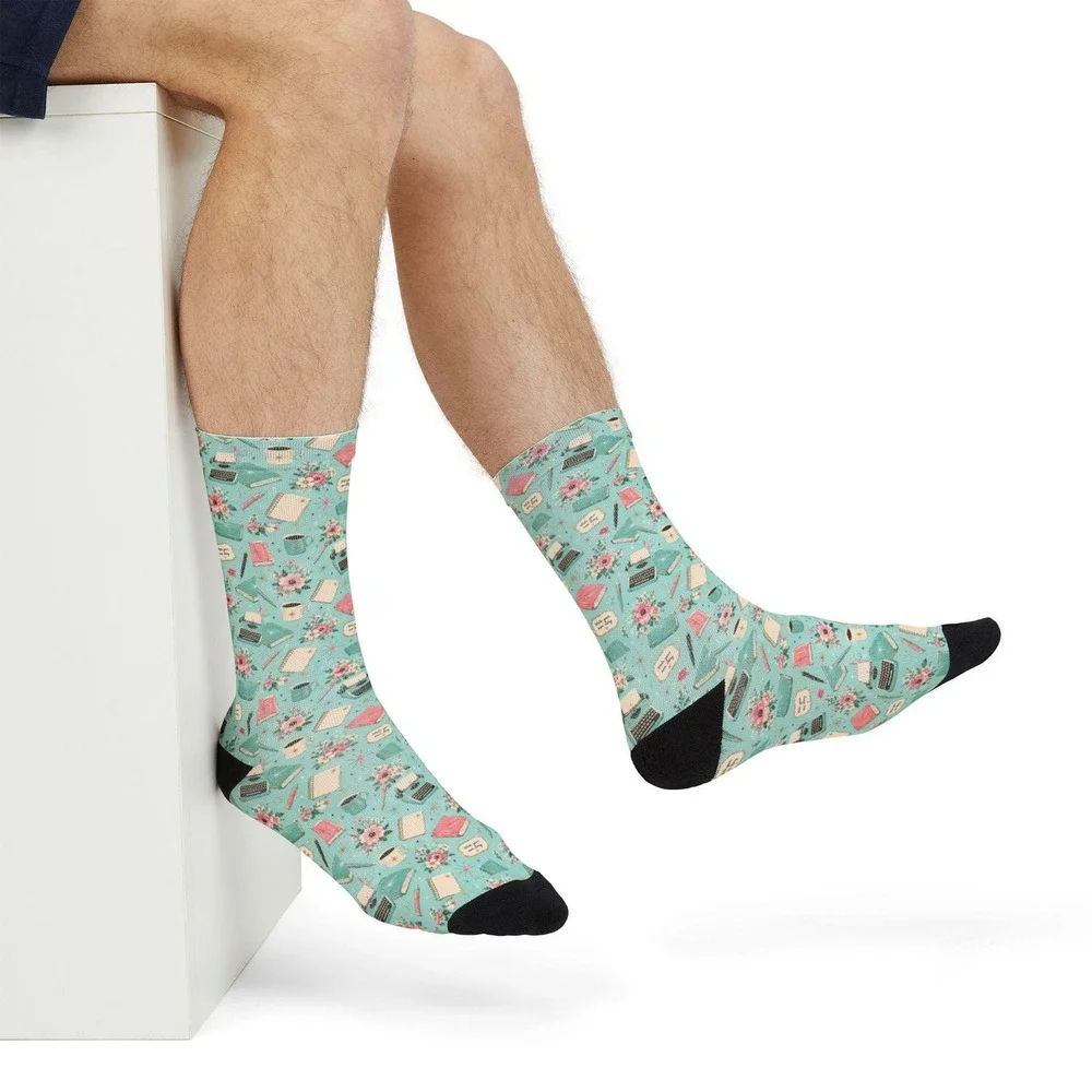 Floral Typewriter Writer Crew Socks | Teacup Pattern, Mint‎ Floral Socks